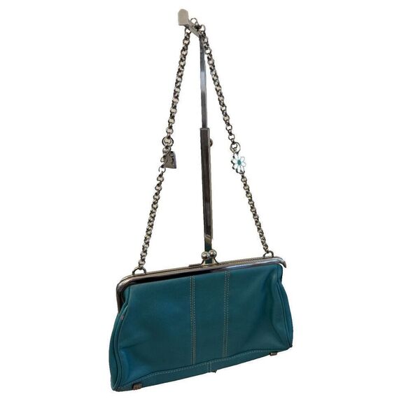 Elliot Lucca LeatherTeal Clutch Purse Handbag Kiss Lock Chain Charms - Picture 1 of 8